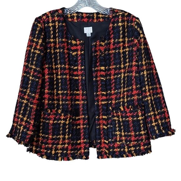 Tweed Bouclé Lady Jacket Fall Winter Blazer Plaid Black Orange-Red Yellow Size S - Picture 2 of 11